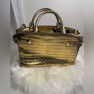Michael Kors Karla Metallic Gold Leather Crocodile Embossed Satchel Bag